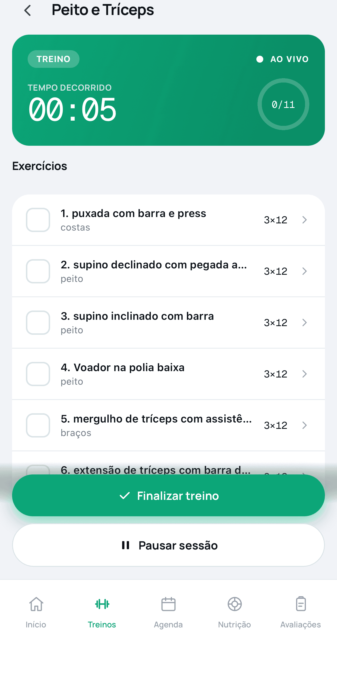 Treino ao vivo no app Meu Vittare