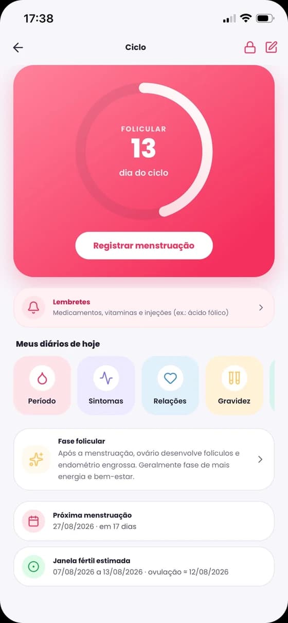 Tela do ciclo menstrual no app Vittare Life, com fase e previsão