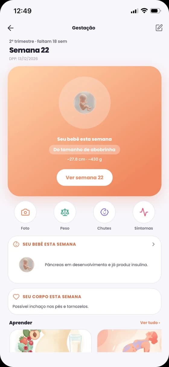 Tela de gestação no app Vittare Life, com a semana e o tamanho do bebê